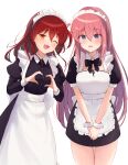  2girls ;d absurdres alternate_eye_color apron bangs black_bow black_bowtie black_dress blue_eyes bocchi_the_rock! bow bowtie brown_eyes detached_collar dress english_commentary frilled_apron frills gotou_hitori hands_up heart heart_hands highres kita_ikuyo long_bangs long_hair long_sleeves looking_at_viewer maid maid_apron maid_headdress mixed-language_commentary multiple_girls official_alternate_costume one_eye_closed one_side_up open_mouth pink_hair red_hair short_sleeves smile white_apron white_background white_wrist_cuffs yata_mawari 