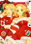  2girls bangs blonde_hair blue_eyes blunt_bangs box christmas christmas_wreath cowboy_shot dress fur-trimmed_dress fur-trimmed_gloves fur-trimmed_jacket fur_trim gift gift_box gingerbread_man gloves green_eyes green_ribbon hair_ribbon hand_in_own_hair hat highres holding holding_gift jacket locked_arms long_hair long_sleeves multiple_girls off-shoulder_dress off_shoulder one_eye_closed open_mouth parted_bangs parted_lips pointy_ears princess_zelda red_dress red_gloves red_ribbon reindeer ribbon santa_hat short_hair sidelocks smile teeth the_legend_of_zelda the_legend_of_zelda:_breath_of_the_wild the_legend_of_zelda:_skyward_sword thick_eyebrows turippy variations 