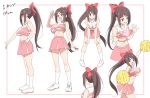  1girl :d :q bow breasts brown_hair cheering cheerleader commentary_request from_behind full_body hair_bow hand_up highres large_breasts long_hair looking_at_viewer multiple_views open_mouth original pink_skirt pom_pom_(cheerleading) ponytail pout red_bow red_eyes revision shoes sincos skirt smile sneakers standing tongue tongue_out underboob white_background white_footwear 