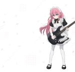  1girl apron blue_eyes bocchi_the_rock! commentary_request electric_guitar frills gotou_hitori guitar highres holding holding_instrument instrument kerorira long_hair maid maid_apron maid_headdress official_alternate_costume official_art pantyhose pink_hair puffy_short_sleeves puffy_sleeves short_sleeves simple_background solo standing sweatdrop white_background white_pantyhose yamaha yamaha_pacifica 
