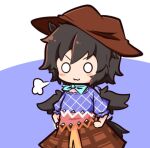  1girl :3 animal_ears bandana black_hair black_wings blue_bandana blush_stickers brown_headwear brown_skirt chibi commentary cowboy_hat cowboy_shot doyagao feathered_wings gomashio_(goma_feet) hands_on_hips hat horse_ears horse_tail kurokoma_saki o_o plaid plaid_shirt plaid_skirt purple_background purple_shirt shiny shiny_hair shirt skirt smug solo tail touhou two-tone_background v-shaped_eyebrows visible_air wings 