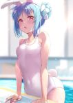  1girl absurdres animal_ear_fluff animal_ears bare_arms bare_shoulders blue_hair blurry blurry_background blush braid braided_bun breasts double_bun extra_ears hair_bun highres hololive looking_at_viewer multicolored_hair nira_(vira) one-piece_swimsuit open_mouth pool rabbit_ears rabbit_girl rabbit_tail red_eyes sidelocks small_breasts solo streaked_hair swimsuit tail thick_eyebrows usada_pekora virtual_youtuber wet wet_clothes wet_swimsuit white_hair white_one-piece_swimsuit 