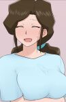  1girl breasts brown_hair closed_eyes commentary_request konjiki_no_gash!! large_breasts long_hair mature_female oliver11020 open_mouth pink_background simple_background smile solo sweatdrop takamine_hana 