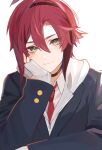  1boy alternate_costume bangs black_choker black_hair blush choker genshin_impact green_eyes hair_between_eyes hand_on_own_cheek hand_on_own_face highres jacket long_sleeves looking_at_viewer male_focus mole mole_under_eye multicolored_hair multiple_moles necktie red_hair red_necktie shikanoin_heizou shirt simple_background sleeves_past_wrists smile solo streaked_hair wamosukeda white_background white_shirt 