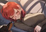 1girl 92m absurdres ahoge animal breasts brown_sweater closed_eyes commentary_request couch dachshund dog eyewear_removed glasses highres kinshi_no_ane large_breasts long_sleeves lying on_back on_couch original red_eyes ribbed_sweater short_hair sleeping solo sweater 