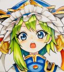  1girl asymmetrical_hair bangs blue_eyes blue_headwear epaulettes frilled_hat frills green_hair hat highres looking_at_viewer open_mouth shiki_eiki short_hair simple_background solo tatuhiro teeth touhou traditional_media upper_body upper_teeth_only 