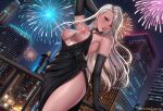  1girl arm_up black_dress black_gloves breasts city dangle_earrings dress dutch_angle earrings elbow_gloves exlic fireworks gloves jewelry long_hair looking_at_viewer medium_breasts night niijima_sae nipples outdoors patreon_username persona persona_5 railing solo white_hair 