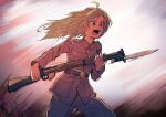  1girl absurdres ahoge barbed_wire battle bayonet belt belt_buckle blonde_hair bolt_action brown_pants brown_shirt buckle buttons charging_forward collared_shirt commentary english_commentary fighting_stance floating_hair gun highres holding holding_gun holding_weapon lee-enfield long_hair long_sleeves looking_ahead military military_uniform mixed-language_commentary nico_jiang open_mouth original pants pocket purple_eyes rifle shirt shouting soldier solo teeth uniform war weapon world_war_i 