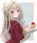  1girl bangs blonde_hair blue_eyes blush food food_on_face fork highres holding holding_fork long_hair looking_at_viewer merry_christmas original puracotte smile solo strawberry_shortcake typo 