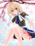  1girl bissha_(fjsf5787) blonde_hair bloom blue_skirt blue_sky blush breasts cherry_blossoms detached_sleeves flower green_eyes looking_at_viewer medium_breasts mizuhashi_parsee open_mouth petals short_hair sitting skirt sky solo touhou 