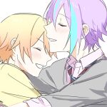  aqua_hair bangs blonde_hair blush cardigan closed_eyes collared_shirt gradient_hair grey_cardigan happy hk_(wgyz7222) hug kamishiro_rui kamiyama_high_school_uniform_(project_sekai) male_focus multicolored_hair multiple_boys necktie open_mouth orange_hair project_sekai purple_hair school_uniform shirt short_hair sleeves_rolled_up smile streaked_hair striped_necktie tenma_tsukasa white_background yaoi yellow_cardigan 