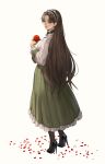  1girl blue_eyes brown_hair dpin_(user_adhr8855) dress earrings european_clothes flower highres jewelry long_hair looking_at_viewer looking_back original petals red_flower red_rose rose rose_petals simple_background white_background 