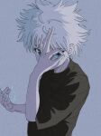  1boy bangs black_shirt blue_eyes electricity enoki_(gongindon) highres hunter_x_hunter killua_zoldyck long_sleeves looking_at_viewer male_child male_focus messy_hair ok_sign ok_sign_over_eye shirt simple_background solo spiked_hair turtleneck upper_body white_hair 
