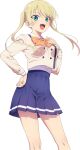  1girl blonde_hair blue_eyes blue_skirt bow bowtie cowboy_shot hand_on_hip hand_on_own_chest highres hoshizaki_rika_(kanojo_mo_kanojo) kanojo_mo_kanojo looking_at_viewer miniskirt official_art open_mouth orange_bow orange_bowtie pleated_skirt school_uniform skirt smile solo teeth toyota_akiko transparent_background twintails upper_teeth_only 