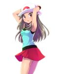  1girl armpits arms_up breasts brown_eyes brown_hair bucket_hat commentary_request eyelashes green_shirt hair_flaps hat highres leaf_(pokemon) long_hair looking_back parted_lips pleated_skirt pokemon pokemon_(game) pokemon_frlg red_skirt sawarabi_(sawarabi725) shiny shiny_skin shirt simple_background skirt sleeveless sleeveless_shirt solo white_background white_headwear wristband 