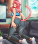  animal_ears arm_tattoo ass blue_eyes cat_ears cat_girl cat_tail clothes hand_on_own_ass messy_hair non-web_source pants pink_hair somiko147 sportswear tail tattoo yoga_pants 