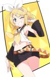  1girl ;d armpits bare_shoulders black_sailor_collar black_shorts black_sleeves blonde_hair blush bow breasts bright_pupils clenched_teeth commentary contrapposto crop_top detached_sleeves dutch_angle green_eyes grin hair_bow hair_ornament hairband hairclip headset ixy kagamine_rin looking_at_viewer midriff navel neckerchief one_eye_closed orange_belt sailor_collar sailor_shirt shirt short_hair shorts sideboob sleeveless sleeveless_shirt small_breasts smile solo teeth thighs two-tone_background vocaloid white_background white_bow white_hairband white_pupils yellow_background yellow_nails yellow_neckerchief 