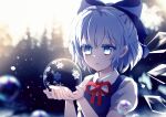  1girl blue_bow blue_dress blue_eyes blue_hair blush bow cirno collared_shirt detached_wings dise_(psychoro) dress fairy hair_bow highres ice ice_wings open_mouth puffy_short_sleeves puffy_sleeves shirt short_hair short_sleeves solo touhou upper_body white_shirt wings 