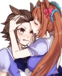  2girls animal_ears blue_bow blue_shirt blush bow breasts brown_eyes brown_hair closed_mouth commentary_request daiwa_scarlet_(umamusume) hair_bow hide_oo horse_ears kiss kissing_forehead large_breasts long_hair multicolored_hair multiple_girls nose_blush parted_lips red_bow school_uniform shirt simple_background streaked_hair sweat tiara tracen_school_uniform twintails umamusume upper_body very_long_hair vodka_(umamusume) white_background white_hair yuri 