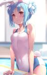  1girl absurdres animal_ear_fluff animal_ears bare_arms bare_shoulders blue_hair blurry blurry_background blush braid braided_bun breasts double_bun extra_ears hair_bun highres hololive looking_at_viewer multicolored_hair nira_(vira) one-piece_swimsuit pool rabbit_ears rabbit_girl rabbit_tail red_eyes sidelocks small_breasts smile solo streaked_hair swimsuit tail thick_eyebrows usada_pekora virtual_youtuber wet wet_clothes wet_swimsuit white_hair white_one-piece_swimsuit 