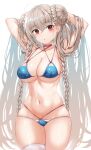  1girl :o absurdres ahoge armpits arms_behind_head arms_up azur_lane bikini blue_bikini blush braid breasts double_bun formidable_(azur_lane) formidable_(the_lady_of_the_beach)_(azur_lane) hair_bun hand_in_own_hair hands_in_hair highres large_breasts light_brown_hair long_hair looking_at_viewer multi-strapped_bikini nahanmin navel official_alternate_costume parted_lips red_eyes sideboob single_thighhigh skindentation solo stomach swimsuit thighhighs thighs twin_braids underboob very_long_hair wet white_background white_thighhighs 
