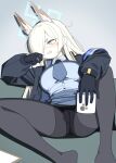  1girl animal_ear_fluff animal_ears armband bangs black_jacket black_pantyhose blonde_hair blue_archive blue_eyes blue_shirt blush breasts commentary_request cup extra_ears gloves hair_over_one_eye halo highres holding holding_cup jacket kanna_(blue_archive) large_breasts long_hair long_sleeves looking_away lying mabera necktie panties panties_under_pantyhose pantyhose shirt skirt sweatdrop teeth underwear 