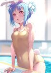 1girl absurdres animal_ear_fluff animal_ears bare_arms bare_shoulders blue_hair blurry blurry_background blush braid braided_bun breasts double_bun extra_ears hair_bun highres hololive looking_at_viewer multicolored_hair nira_(vira) one-piece_swimsuit open_mouth pool rabbit_ears rabbit_girl rabbit_tail red_eyes sidelocks small_breasts solo streaked_hair swimsuit tail thick_eyebrows usada_pekora virtual_youtuber wet wet_clothes wet_swimsuit white_hair yellow_one-piece_swimsuit 