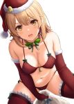  1girl :d absurdres bare_shoulders bell between_legs bikini blonde_hair bow bowtie breasts cameltoe choker christmas covered_nipples elbow_gloves fur_trim gloves hat highres holding holding_sack inanaki_shiki isshiki_iroha looking_at_viewer medium_breasts medium_hair navel open_mouth red_bikini red_gloves red_headwear red_thighhighs sack santa_hat side-tie_bikini_bottom smile solo spread_legs stomach string_bikini swimsuit thighhighs thighs yahari_ore_no_seishun_lovecome_wa_machigatteiru. yellow_eyes 