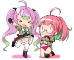  &gt;_&lt; 2girls :3 ahoge bangs black_gloves black_ribbon blush breasts chibi closed_eyes clothes_lift commentary_request fairy_(kancolle) fang garter_belt garter_straps glasses gloves gradient_hair green_hair hair_ribbon hip_vent kantai_collection kneeling lifted_by_self long_hair long_sleeves medium_breasts momo_(kancolle) multicolored_hair multiple_girls nassukun open_mouth panties pink-framed_eyewear pink_hair pink_panties pleated_skirt ponytail ribbon sailor_collar school_uniform serafuku short_sleeves side-tie_panties simple_background skin_fang skirt skirt_lift thighhighs twintails ume_(kancolle) underwear very_long_hair white_background white_thighhighs 