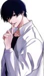 1boy black_hair black_shirt chainsaw_man ear_piercing finger_to_mouth highres jacket looking_at_viewer male_focus mole mole_under_mouth multiple_piercings piercing shirt short_hair shushing simple_background siraco_(sira5_3) solo white_background white_jacket yoshida_hirofumi 