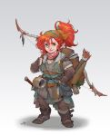  1girl arrow_(projectile) backpack bag bandana bow bow_(weapon) dungeons_and_dragons green_eyes halfling highres looking_at_viewer original pointy_ears ponytail red_hair simple_background tooth_wu weapon white_background 