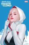  1girl artist_name black_bodysuit blonde_hair blue_eyes bodysuit character_name comic_cover commentary copyright_name cover cover_page highres hood hood_up hooded_bodysuit in-hyuk_lee looking_at_viewer marvel multicolored_bodysuit multicolored_clothes official_art short_hair solo spider-gwen spider-man_(series) spider_web_print superhero upper_body white_bodysuit 