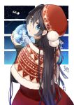  1girl black_hair blue_eyes capelet christmas dated dress from_behind fur-trimmed_capelet fur_trim hair_behind_ear hair_between_eyes highres hood hood_down hooded_capelet jiyuu_(xjuyux) long_hair looking_at_viewer looking_back open_mouth original pom_pom_(clothes) red_capelet red_dress signature sky snow_globe solo star_(sky) starry_sky very_long_hair 
