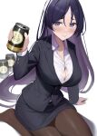  1girl bangs beppu_mitsunaka breasts brown_pantyhose fate/grand_order fate_(series) formal highres large_breasts long_hair looking_at_viewer minamoto_no_raikou_(fate) office_lady pantyhose parted_bangs pencil_skirt purple_eyes purple_hair skirt skirt_suit smile solo suit very_long_hair 