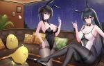  2girls absurdres azur_lane bangs bare_arms bare_shoulders black_bow black_bowtie black_choker black_flower black_footwear black_hair black_leotard black_pantyhose black_rose bow bowtie breasts chen_hai_(azur_lane) choker cleavage closed_mouth commentary_request couch crossed_bangs crossed_legs dot_mouth flower full_body hair_between_eyes hair_flower hair_ornament hand_up high_heels highleg highleg_leotard highres holding indoors large_breasts legs_together leotard long_hair looking_at_viewer manjuu_(azur_lane) multiple_girls nanoda002_(saber427) night night_sky pantyhose petals picture_frame pillow plant playboy_bunny potted_plant red_eyes rose shoe_dangle sitting sky standing strapless strapless_leotard taihou_(azur_lane) thighs white_leotard window 