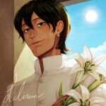  1boy acca_13-ku_kansatsu-ka black_hair blue_sky brown_eyes character_name cloud dark-skinned_male dark_skin dated earrings flower hair_between_eyes haya-huang highres jewelry lilium_(acca) lily_(flower) looking_at_viewer male_focus shirt sky solo sunlight upper_body white_shirt 