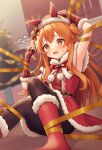  1girl @_@ akagi_meito armpits belt blurry blurry_background blush boots christmas christmas_tree commentary_request hat highres horse_girl long_hair looking_at_viewer mayano_top_gun_(formation:_party)_(umamusume) mayano_top_gun_(umamusume) orange_eyes orange_hair pantyhose santa_costume santa_hat sitting solo umamusume wrapped_up 