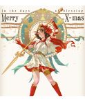  1girl absurdres brown_hair christmas dress english_text gloves hair_ornament highres holding holding_polearm holding_weapon kooka2 looking_at_viewer medium_hair original polearm red_gloves red_socks socks spear weapon yellow_eyes 