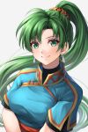  1girl bangs blue_dress breasts commentary dress earrings fire_emblem fire_emblem:_the_blazing_blade green_eyes green_hair grey_background jewelry long_hair looking_at_viewer lyn_(fire_emblem) medium_breasts ponytail short_sleeves simple_background smile solo ten_(tenchan_man) upper_body very_long_hair 