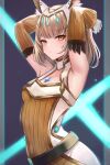  1girl animal_ear_fluff animal_ears armpits arms_up bangs breasts brown_eyes brown_hair cat_ears chest_jewel closed_mouth commentary detached_sleeves dress english_commentary gem gloves highres leonmandala looking_at_viewer nia_(xenoblade) official_alternate_costume short_hair small_breasts solo two-tone_dress white_dress white_gloves xenoblade_chronicles_(series) xenoblade_chronicles_3 yellow_dress yellow_sleeves 