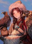  1girl absurdres animal animal_on_arm bead_necklace beads bird blue_sky braid brown_eyes brown_hair closed_mouth commentary eagle english_commentary fur-trimmed_headwear fur_trim hair_ornament highres jewelry looking_afar necklace original outdoors ox_horns riding_animal sky solo sub_chon9 tibetan_clothes traditional_clothes twin_braids yak 