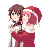  2girls :d ^_^ akaza_akari blush brown_eyes brown_hair christmas closed_eyes collarbone commission dot_nose funami_yui gift giving haru_(konomi_150) hat holding holding_another&#039;s_arm holding_gift long_sleeves looking_back multiple_girls off-shoulder_sweater off_shoulder open_mouth pink_hair pixiv_commission red_headwear red_sleeves red_sweater santa_costume santa_hat shirt short_hair simple_background smile standing sweater upper_body white_background white_shirt yuri yuru_yuri 
