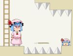  1up ascot bangs blue_hair bow chibi commentary floating hair_between_eyes hat hat_bow hidaruma highres ladder levitation mega_man_(series) mob_cap motion_lines pink_headwear pink_shirt pink_skirt platform power-up red_ascot red_eyes remilia_scarlet shaded_face shirt short_hair short_sleeves skirt spikes sweatdrop touhou v-shaped_eyebrows yukkuri_shiteitte_ne 