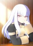  1girl bangs buttons closed_mouth commentary dfhnokenbutu fire_emblem fire_emblem:_three_houses garreg_mach_monastery_uniform hair_between_eyes hand_on_own_face highres indoors long_hair long_sleeves looking_at_viewer lysithea_von_ordelia pink_eyes signature solo sunlight table twitter_username uniform white_hair 