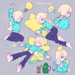  1girl baggy_pants bags_under_eyes barefoot blonde_hair blue_eyes brushing_teeth coffee_mug cup drinking hair_over_one_eye highres hood hoodie long_hair luma_(mario) lying mario_(series) midriff_peek mug multiple_views pants pillow rosalina sleeping sleepy stretching subway_sum waking_up 