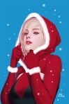  1girl black_bodysuit blonde_hair blue_eyes bodysuit christmas comic_cover commentary cover_image fur_trim hood hooded_bodysuit in-hyuk_lee looking_at_viewer marvel multicolored_bodysuit multicolored_clothes official_art red_bodysuit short_hair snowing solo spider-gwen spider-man_(series) spider_web_print superhero upper_body 