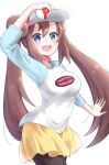  1girl :d bangs blue_eyes blush breasts brown_hair commentary_request cowboy_shot double_bun doughnut_hair_bun hair_bun holding holding_poke_ball legwear_under_shorts long_hair looking_at_viewer open_mouth pantyhose poke_ball poke_ball_(basic) pokemon pokemon_(game) pokemon_bw2 raglan_sleeves raid_(minmiru) rosa_(pokemon) shirt shorts smile solo teeth tongue twintails upper_teeth_only visor_cap yellow_shorts 