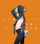  1boy absurdres adjusting_hair armpits belt black_gloves closed_eyes from_side gloves green_hair highres instanttnoodle lio_fotia long_sleeves male_focus medium_hair midriff_peek pants promare see-through see-through_shirt solo standing 