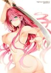  1girl arm_up ass bangs breasts completely_nude copyright_name floating_hair green_eyes highres holding holding_sword holding_weapon large_breasts long_hair looking_at_viewer nightmare_x_nobleblood nipples non-web_source nude official_art onizuki_rei pink_hair simon_(n.s_craft) simple_background solo sword weapon white_background 