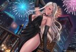  1girl arm_up black_dress black_gloves breasts city dangle_earrings dress dutch_angle earrings elbow_gloves exlic fireworks gloves jewelry long_hair looking_away medium_breasts night niijima_sae outdoors patreon_username persona persona_5 railing solo white_hair 